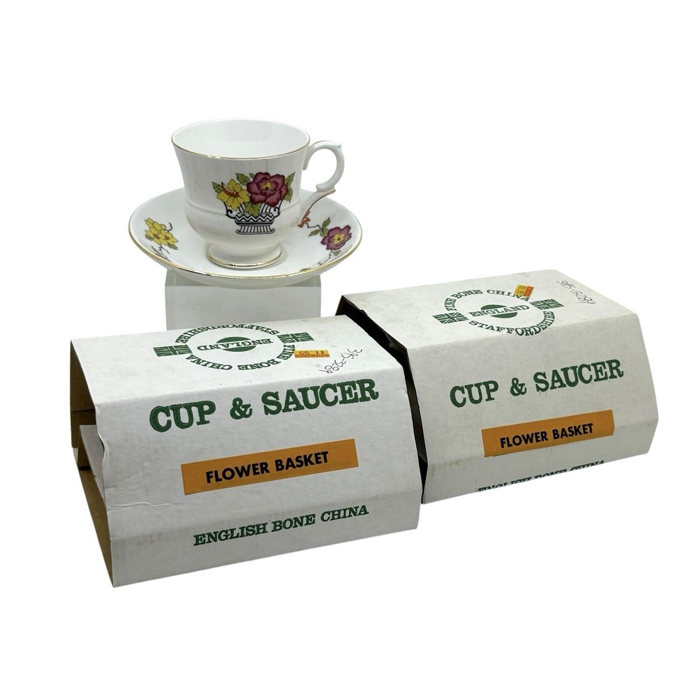 Staffordshire Flower Basket Bone China 4 Sets of Tea Cups and Saucers Box
